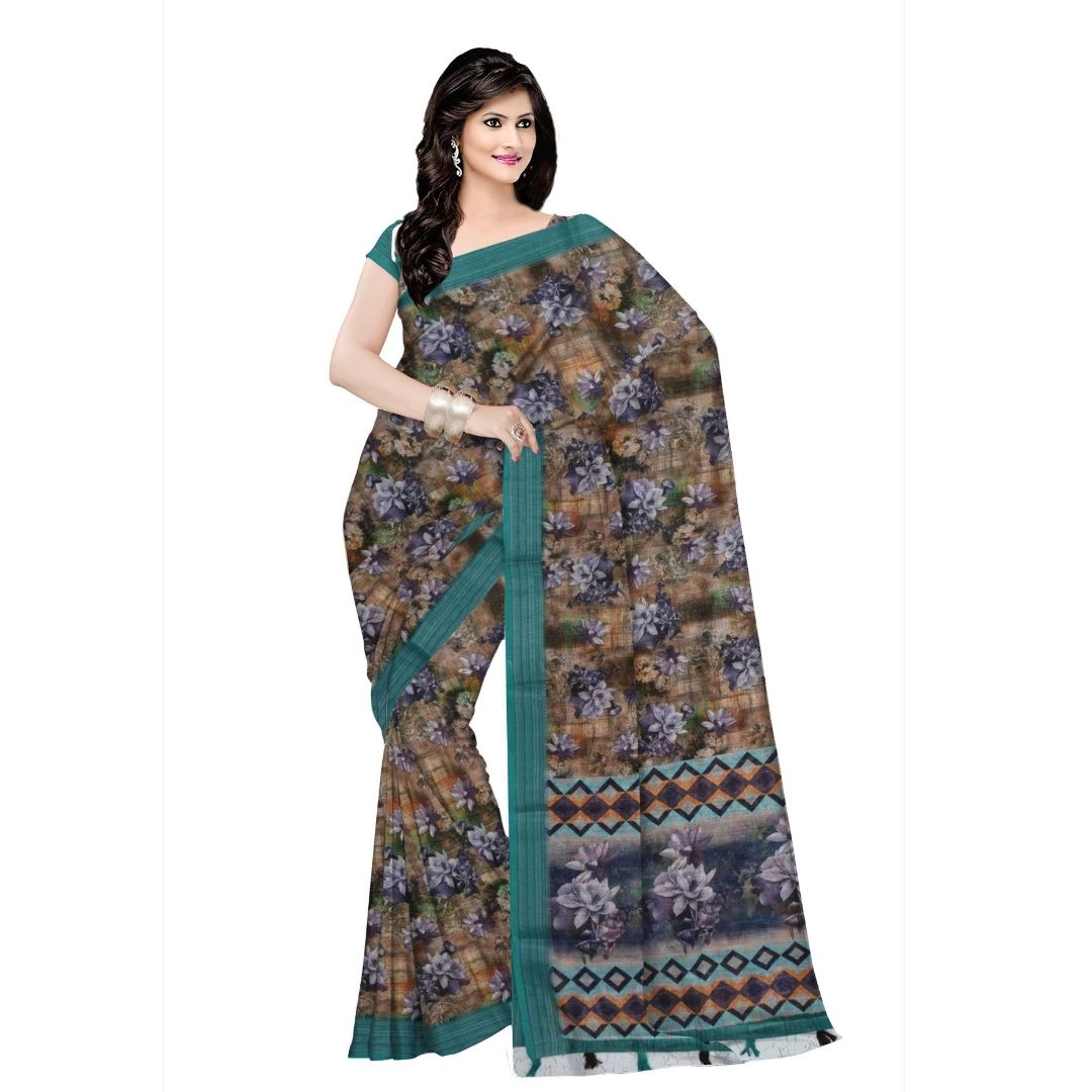 Teejh Aasmani Blue Block Print Linen Cotton Saree With Blouse Piece